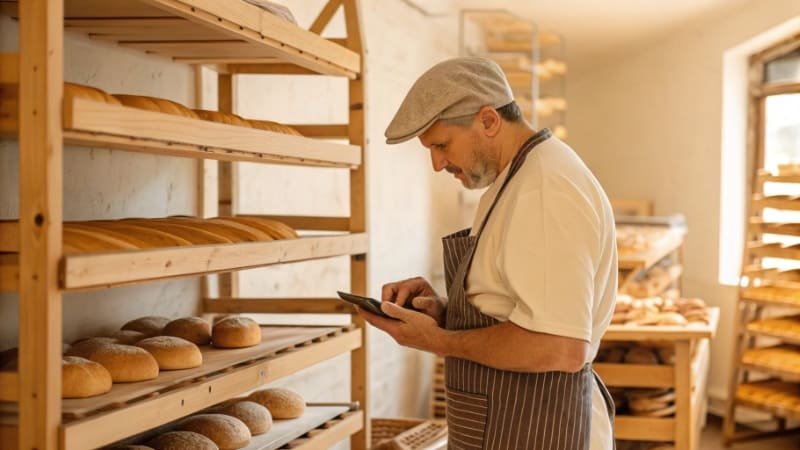 Calculating Bakery Pan Needs A baker using a calculator in a bakery setting