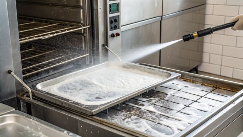 Industrial Baking Tray Cleaning baking trays being cleaned in an industrial washer