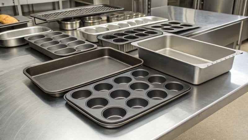 Labeled Baking Pans A collection of labeled baking pans in a commercial kitchen