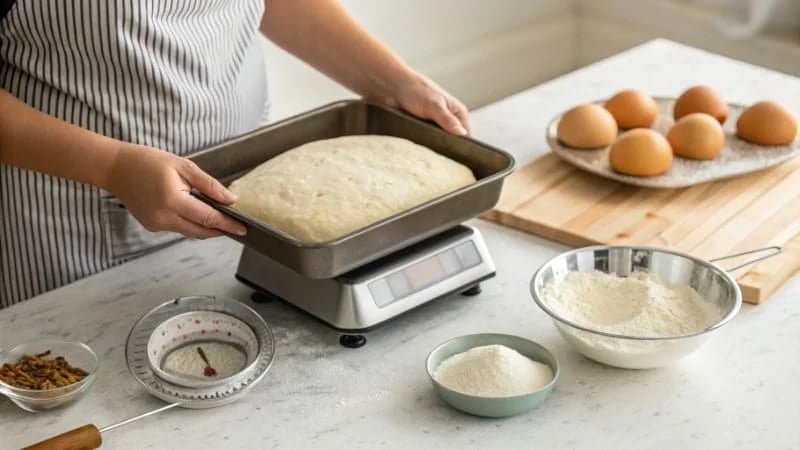 Measuring for a Custom Pan A person measuring dough on a scale next to a baking pan
