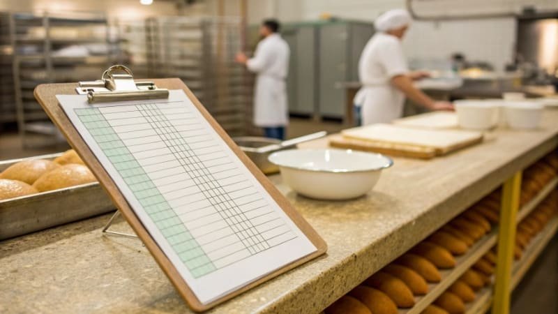 Bakery Production Schedule A production schedule on a clipboard in a bakery