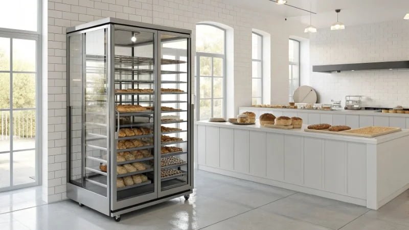 Enclosed Bakery Pan Rack with Glass Door A sleek, enclosed pan rack with a glass door in a clean, modern bakery setting