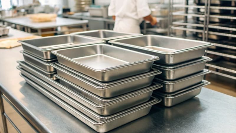Baking Pans for Commercial Bakery A stack of clean baking pans in a commercial bakery