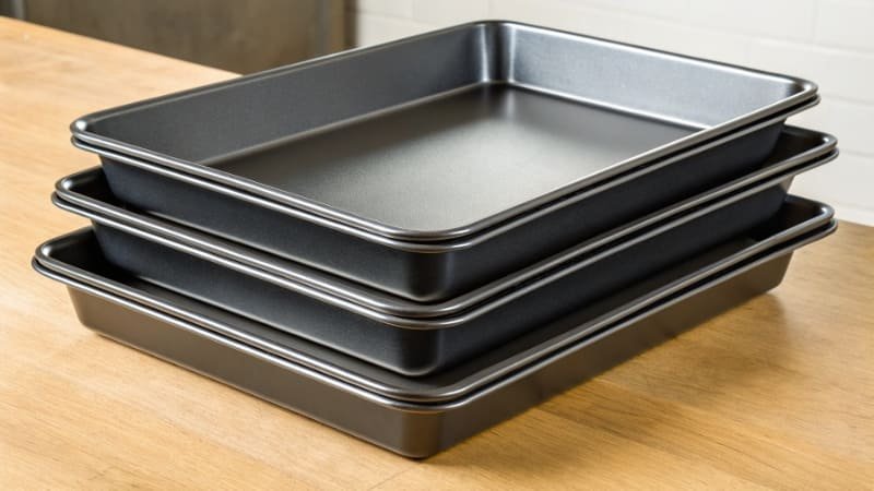 Aluminized Steel Baking Pans A stack of clean, durable aluminized steel baking pans