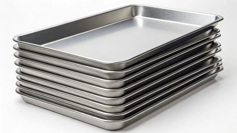 Commercial Aluminized Carbon Steel Trays A stack of commercial aluminized carbon steel baking trays