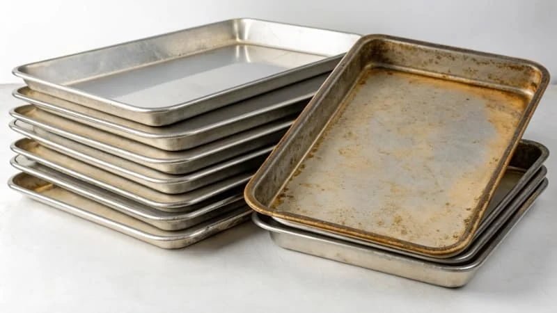 Recoat or Replace Baking Pans A stack of old, worn-out baking pans next to a stack of new ones