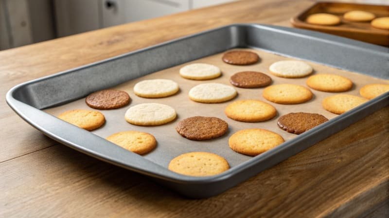 Warped Baking Pan with Burnt Cookies A warped, thin baking pan with unevenly baked cookies
