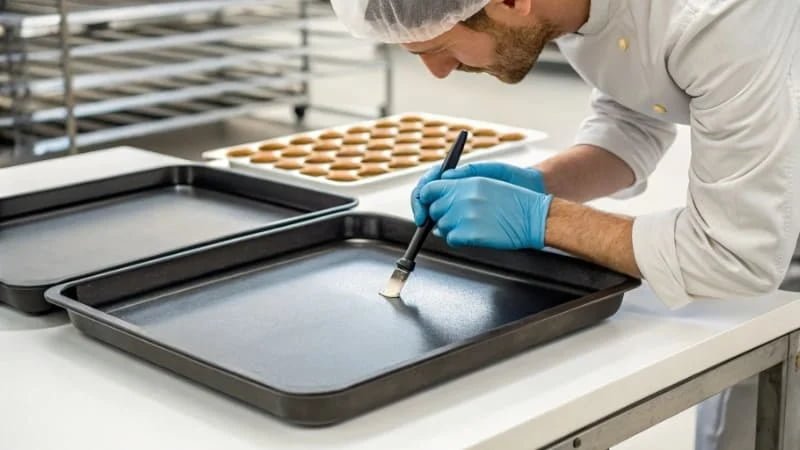 Non-stick Coating on Baking Pan A worker inspecting the non-stick coating on a baking pan