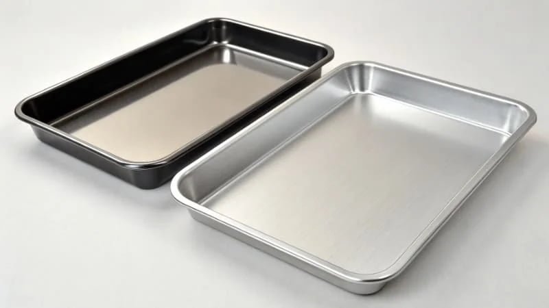 Aluminum vs Stainless Steel Baking Trays alt text of aluminum and stainless steel baking trays side-by-side