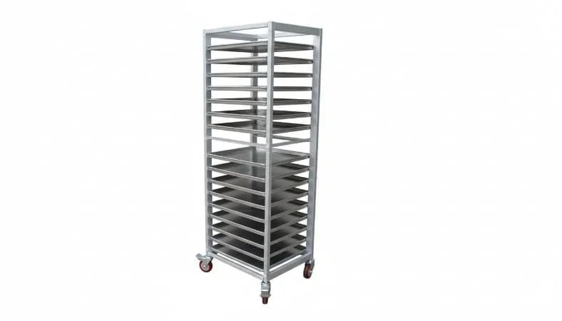 Stainless Steel Bakery Trays alt text of flat stainless steel trays on a rack