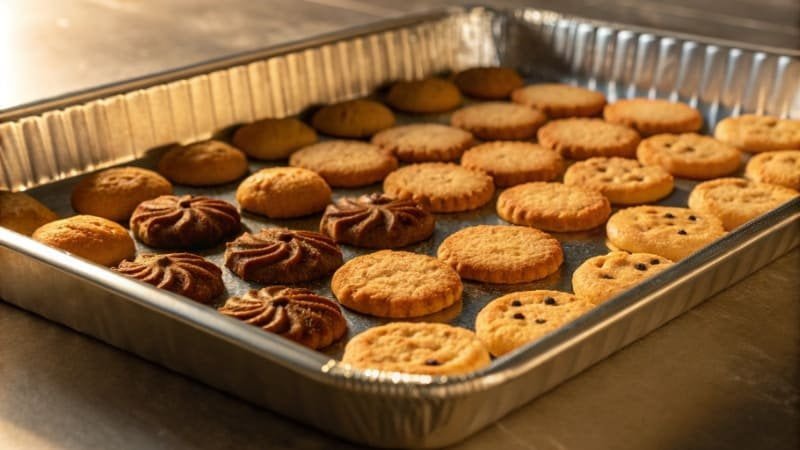 Aluminum Alloy Baking Tray for Home Use An aluminum alloy cookie sheet with cookies