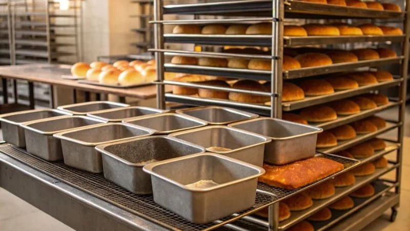 Lifespan of Industrial Baking Pans An array of industrial baking pans on a rack in a commercial bakery