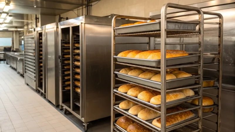 Open Bakery Pan Rack in Use An open pan rack loaded with trays of fresh bread in a commercial kitchen
