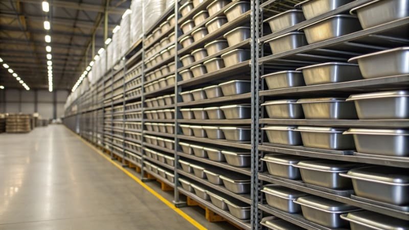 Excess Baking Pan Inventory Baking pans stacked high on storage shelves in a warehouse