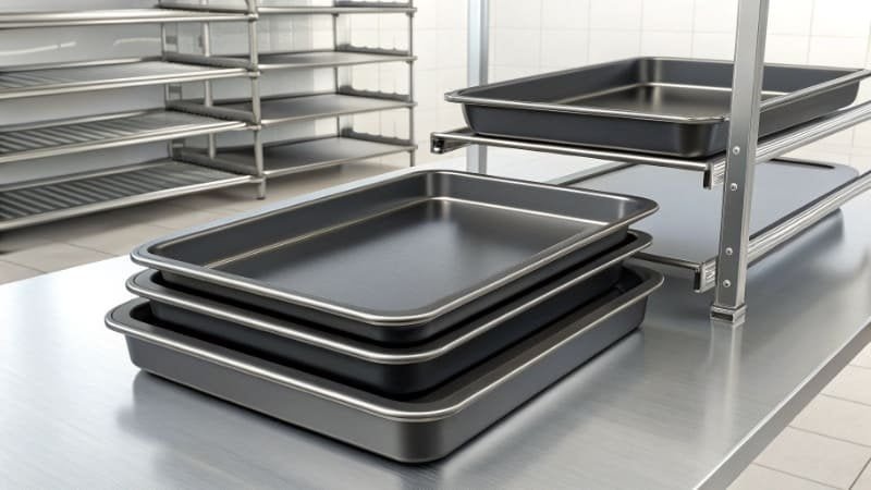 Industrial Non-Stick Baking Pans A stack of industrial baking pans with non-stick coating