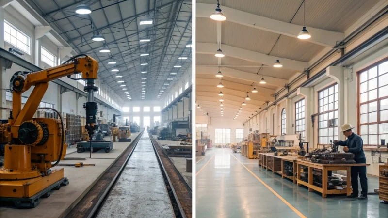 Factory Size and Automation large automated factory vs small workshop