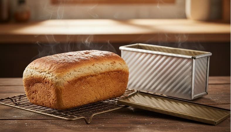 Evenly Baked Bread in a Heavy-Gauge Pan Perfectly golden brown bread loaf fresh out of a heavy-duty pan