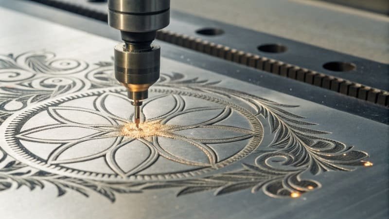 Laser engraving a baking pan A close-up of a laser engraving a logo onto a metal baking pan