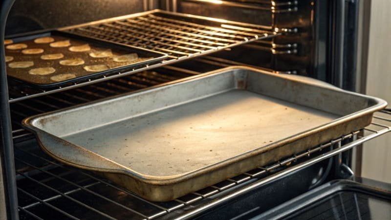 A warped baking sheet in an oven