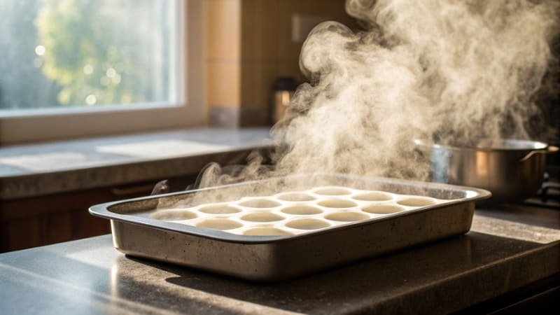 Steam ventilation in perforated pans Steam escaping through perforated baking pan