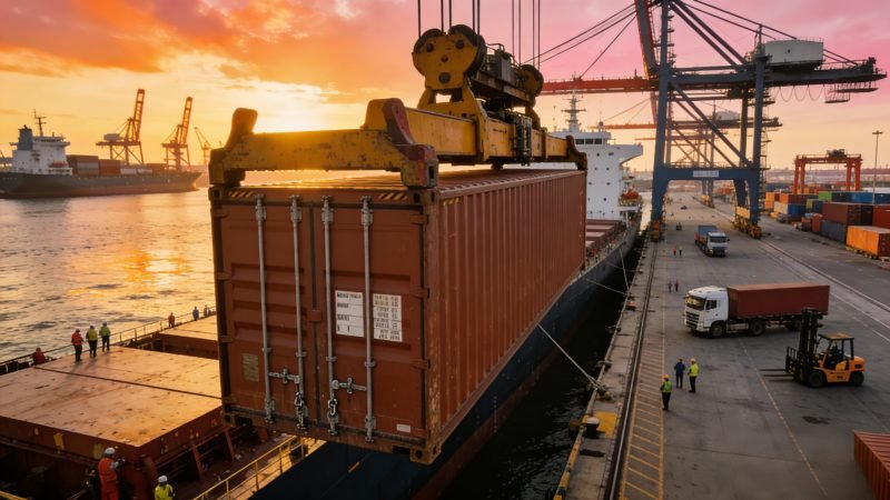 International Shipping for Bakery Equipment A shipping container being loaded onto a cargo ship at a busy port