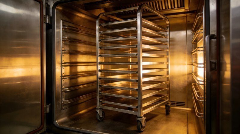A sturdy stainless steel trolley inside a large commercial oven