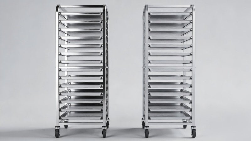 Stainless steel and aluminum baking trolleys side-by-side