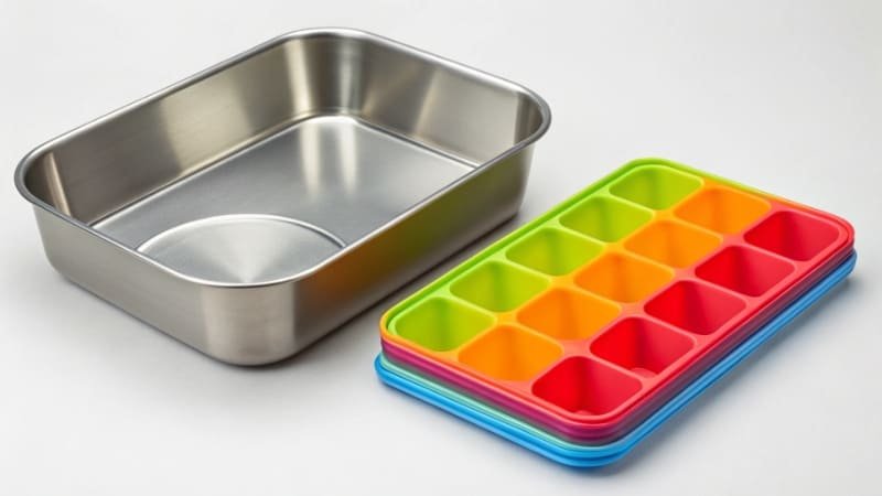 Material Difference in Baking Pans A commercial aluminized steel pan next to a colorful silicone home baking pan