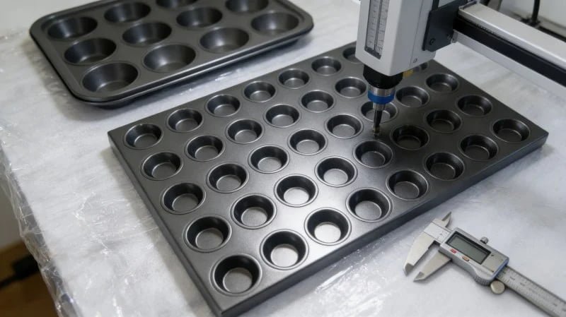 a factory worker measuring a baking pan with calipers