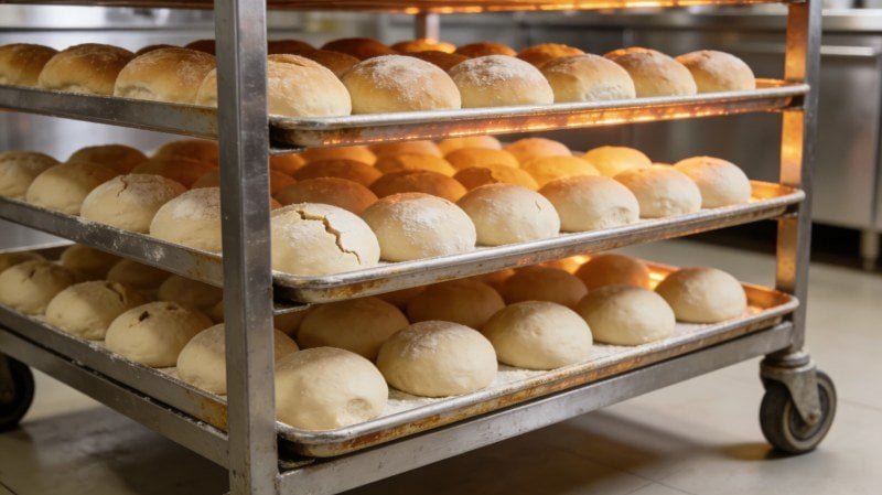 a heat-resistant baking trolley full of bread dough