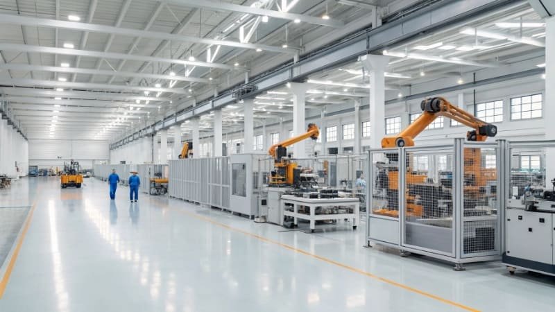 A large, modern factory floor with advanced manufacturing equipment