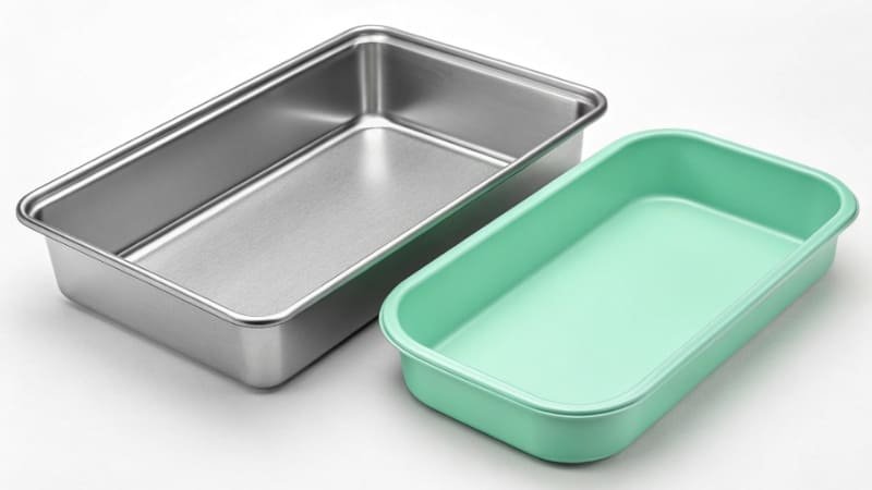 A side-by-side comparison of a metal loaf pan and a silicone loaf pan