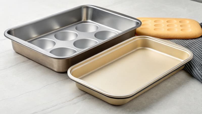 A metal baking pan and a silicone baking pan side-by-side