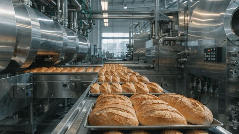 A modern automated bakery production line with baking pans moving along a conveyor belt