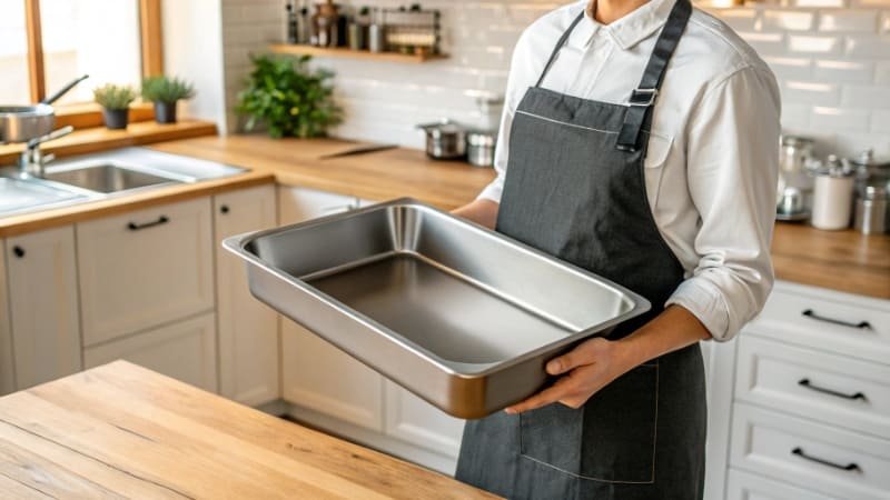 Using a commercial baking pan at home A person holding a durable commercial baking pan in a home kitchen setting