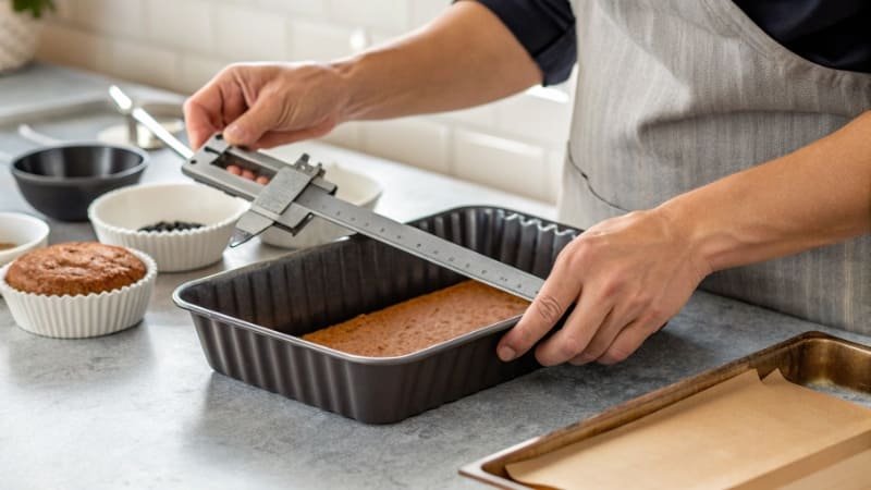 Measuring Baking Pan Dimensions a person measuring a baking pan with calipers