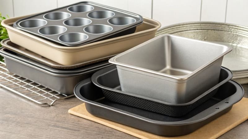 A stack of different types of baking pans, including metal, silicone, and glass.