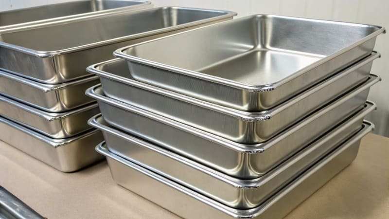 A stack of heavy-duty aluminized steel baking pans