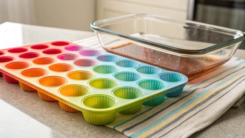 A colorful silicone muffin tray next to a glass baking dish.