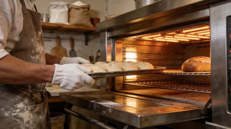 artisan baker using a deck oven