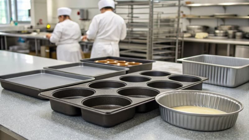 Testing Baking Pan Quality baking pans being tested in an industrial kitchen