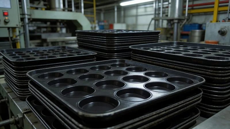 baking pans stacked in a factory