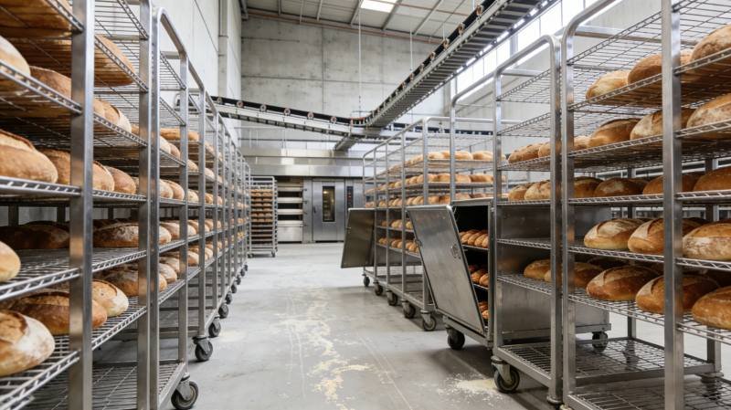 baking trolleys in an industrial bakery