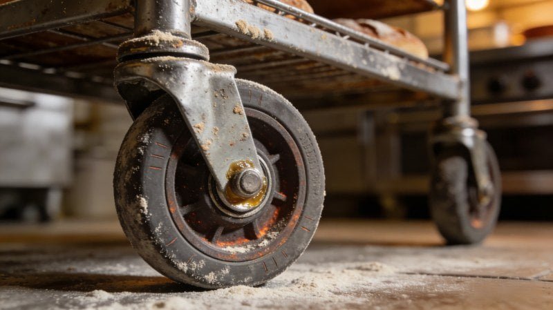 close-up of a high-temperature caster wheel on a baking trolley