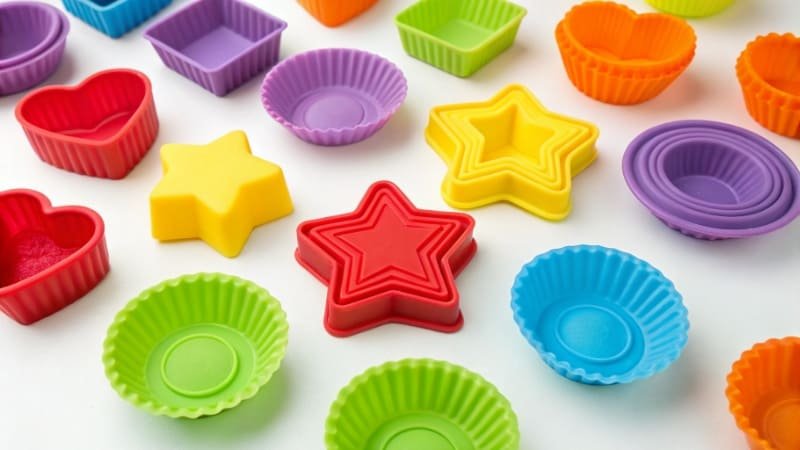 Colorful silicone baking molds in various shapes
