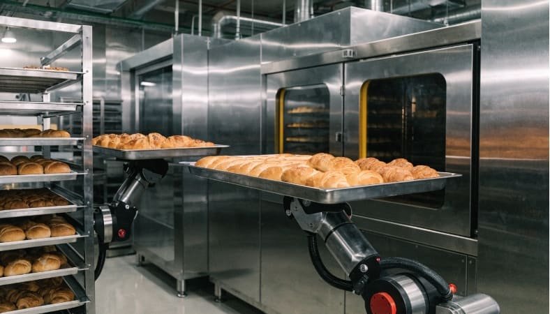 Robotic arms moving baking trays in a factory