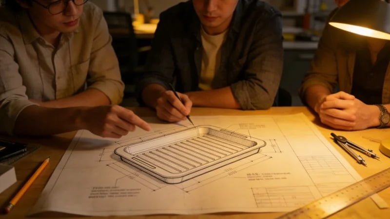 team having a discussion over blueprints