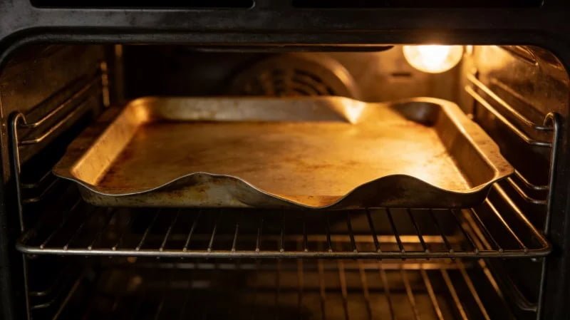 warped baking pan in oven