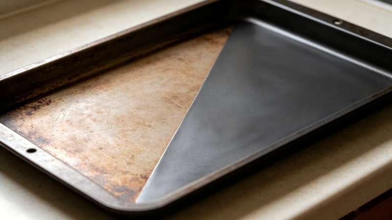 Re-coating baking pans A baking pan that is half-worn and half freshly re-coated