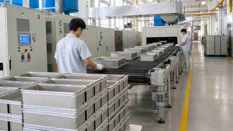 Organized Production Process A clean and organized production line with workers in uniform.